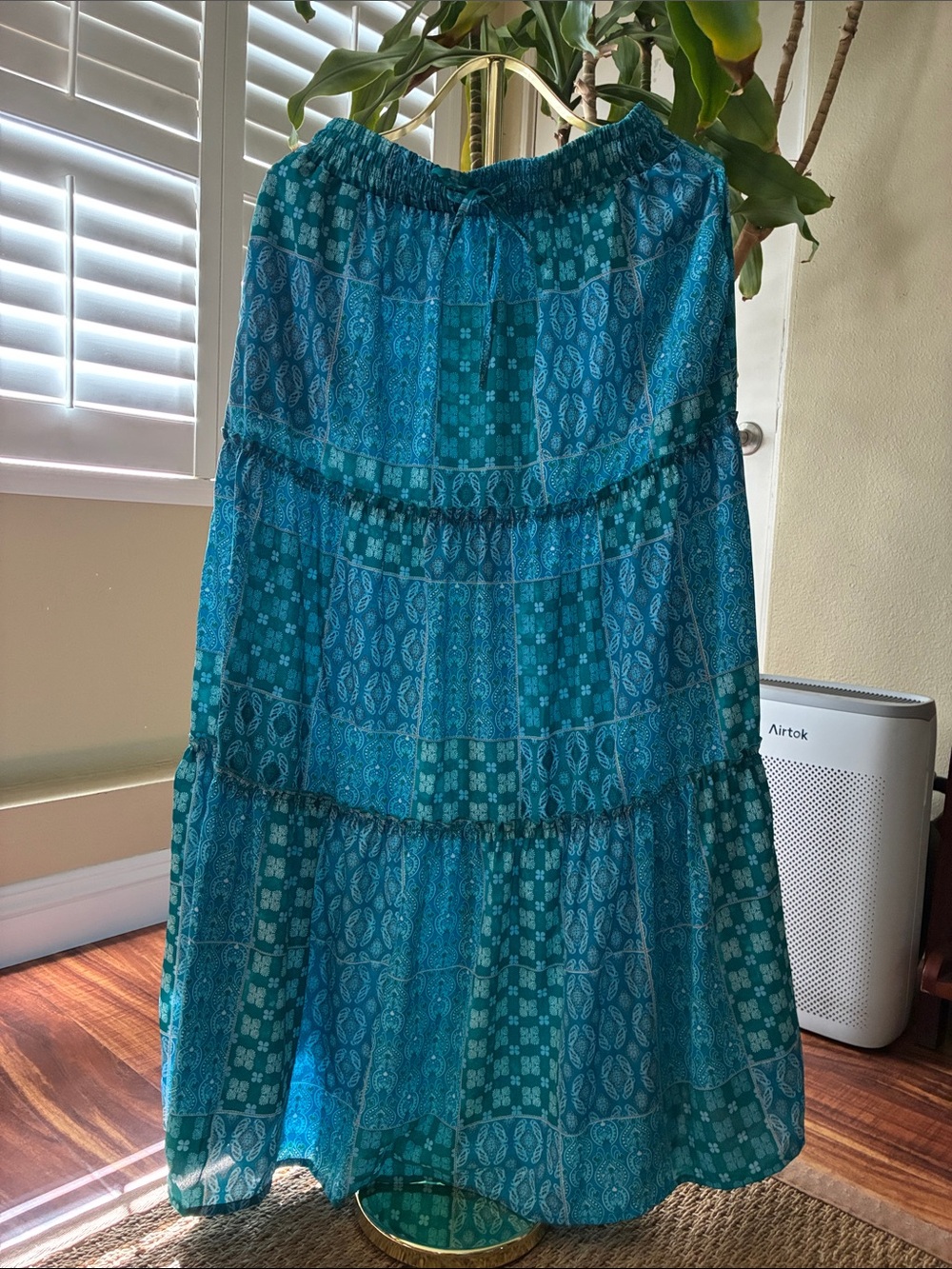 Amazon Blue Teal Patterned Tiered Maxi Skirt